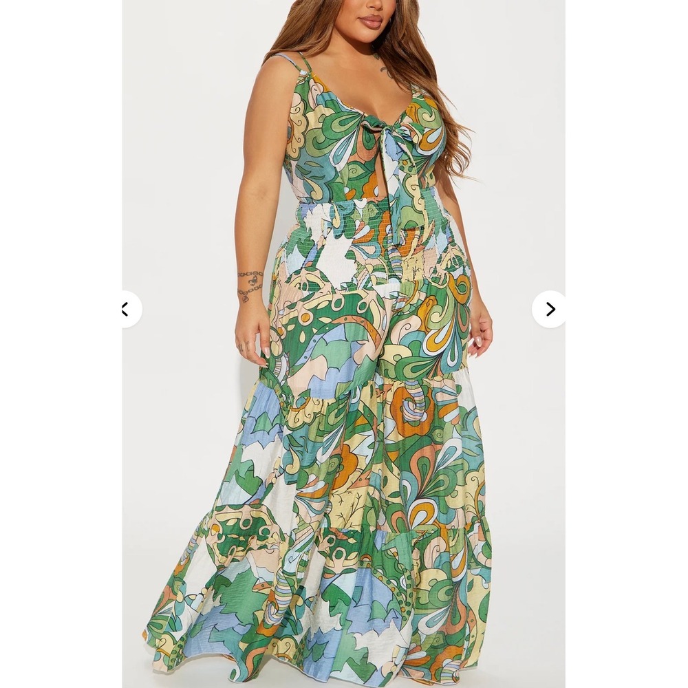 Fashion Nova Boho Abstract Print Tie Front Cutout Tiered Maxi Dress Green Blue